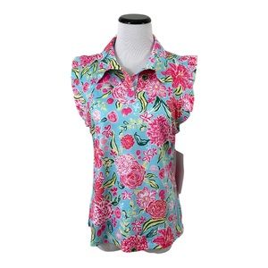 Gottex Lifestyle Sleeveless Polo Top Athletic Golf Tennis Mint Pink Floral Sz XL